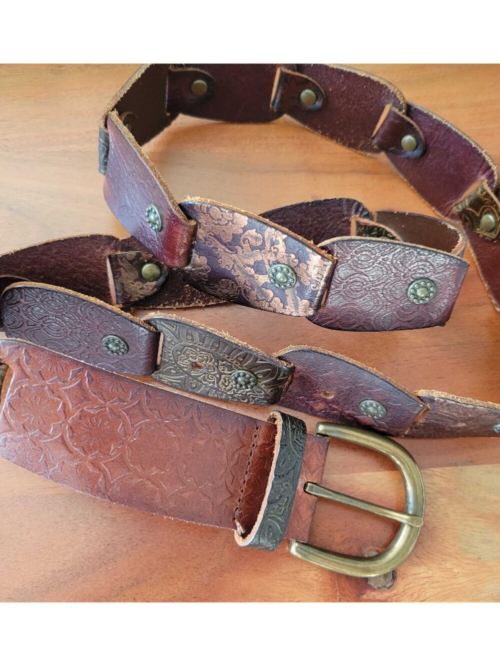 Fossil Embossed Paisley Floral Leather Woven Links Studs Belt Women’s L Boho